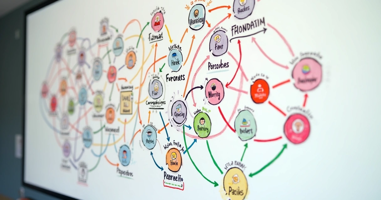 A diagram on a wall showing interconnected circles, arrows, and human figures illustrating personal and social patterns 