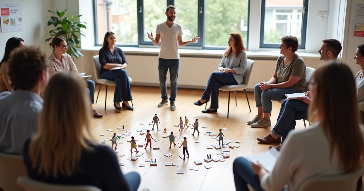 Educator guiding a group around a circle of symbolic figures on the floor 