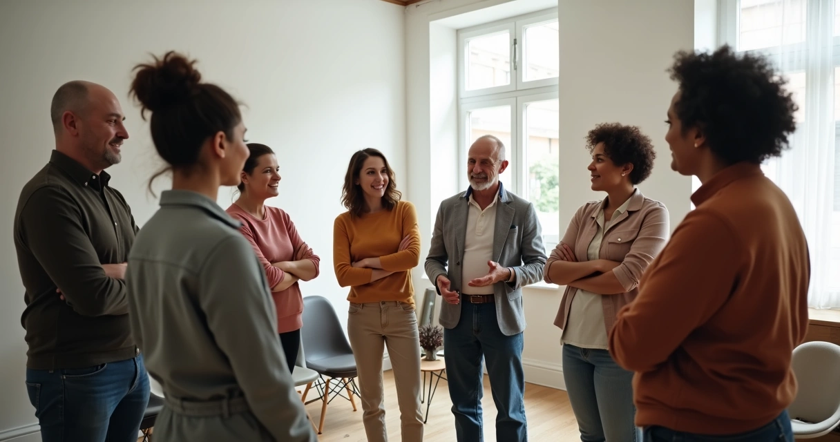 Facilitator with group standing in circle during constellation 