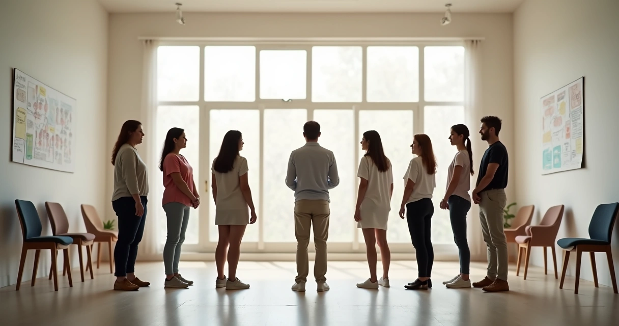 Group stands in a circle for systemic constellation workshop 