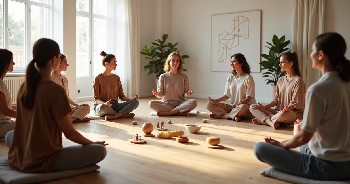 Facilitator guiding a mindful circle in a systemic constellation session 