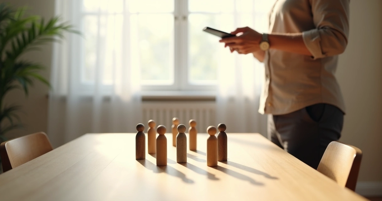 Facilitator observing systemic constellation with one piece out of alignment 