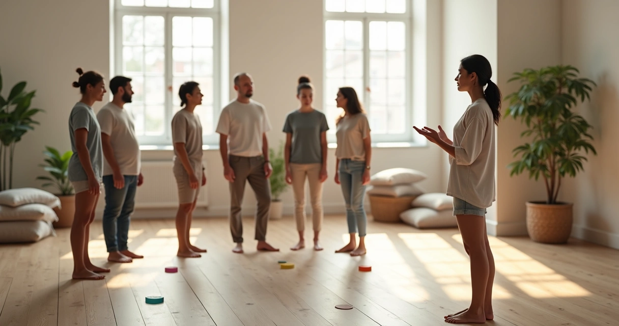 Facilitator guiding a systemic constellation circle with highlighted entanglements 