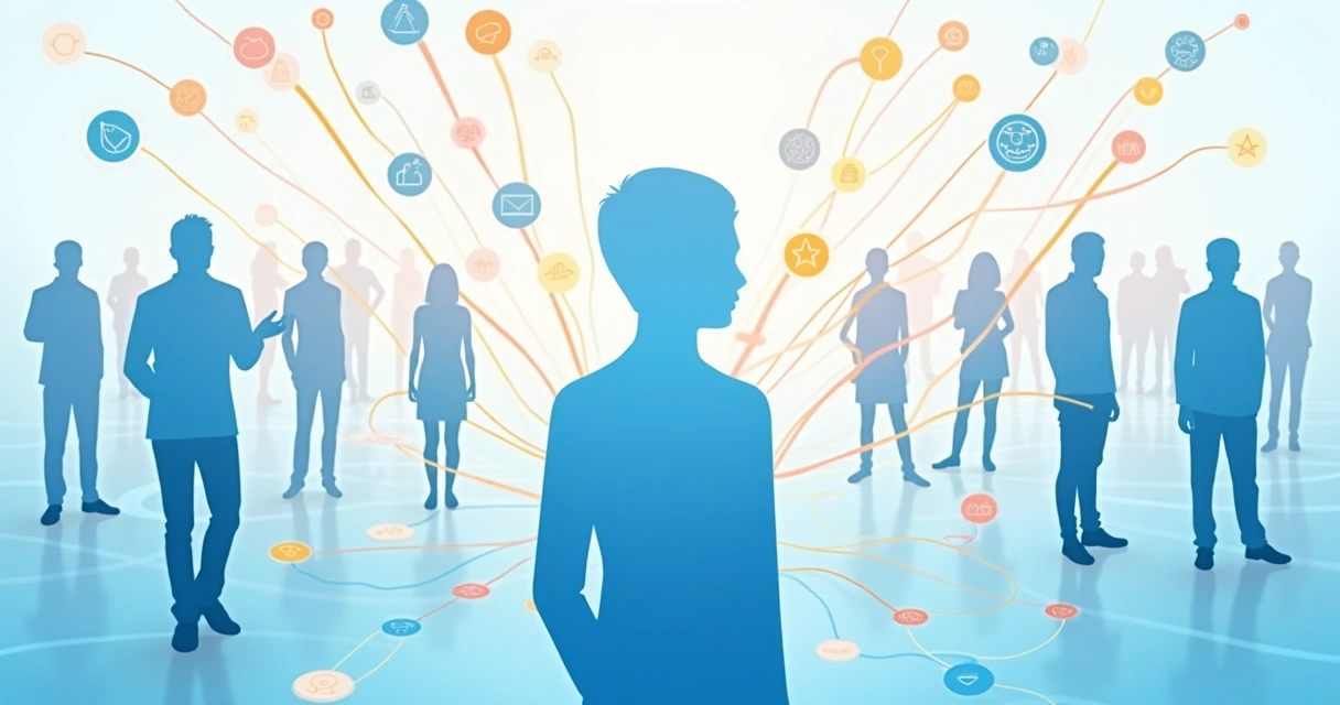 Drawing showing a person connected to others in a network of relationships