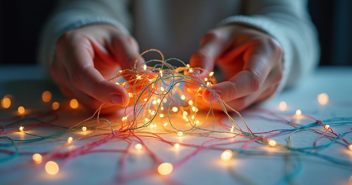 Hands holding a network of interconnected threads, symbolizing hidden emotional patterns being revealed. 