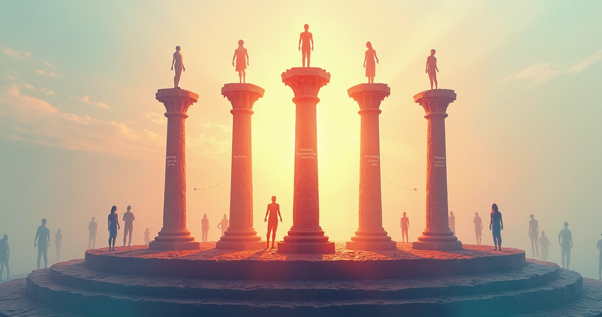 Abstract representation of interconnected pillars and human silhouettes 