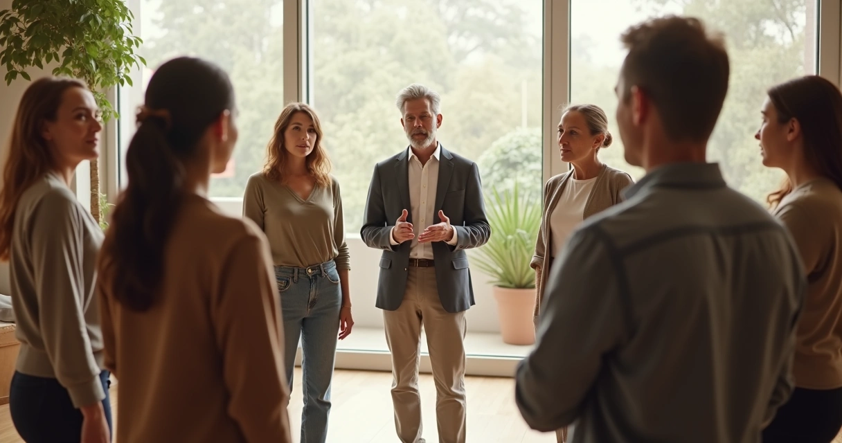 Facilitator and group during systemic constellation session 