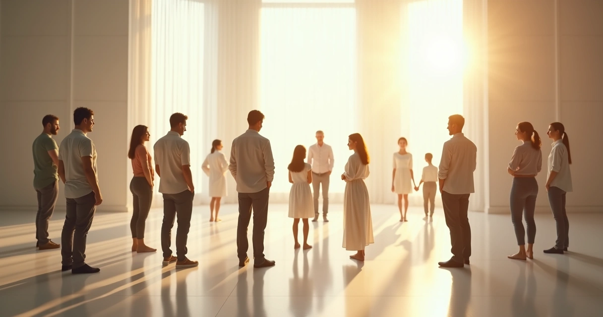 People standing in a circle during a guided systemic constellation session 