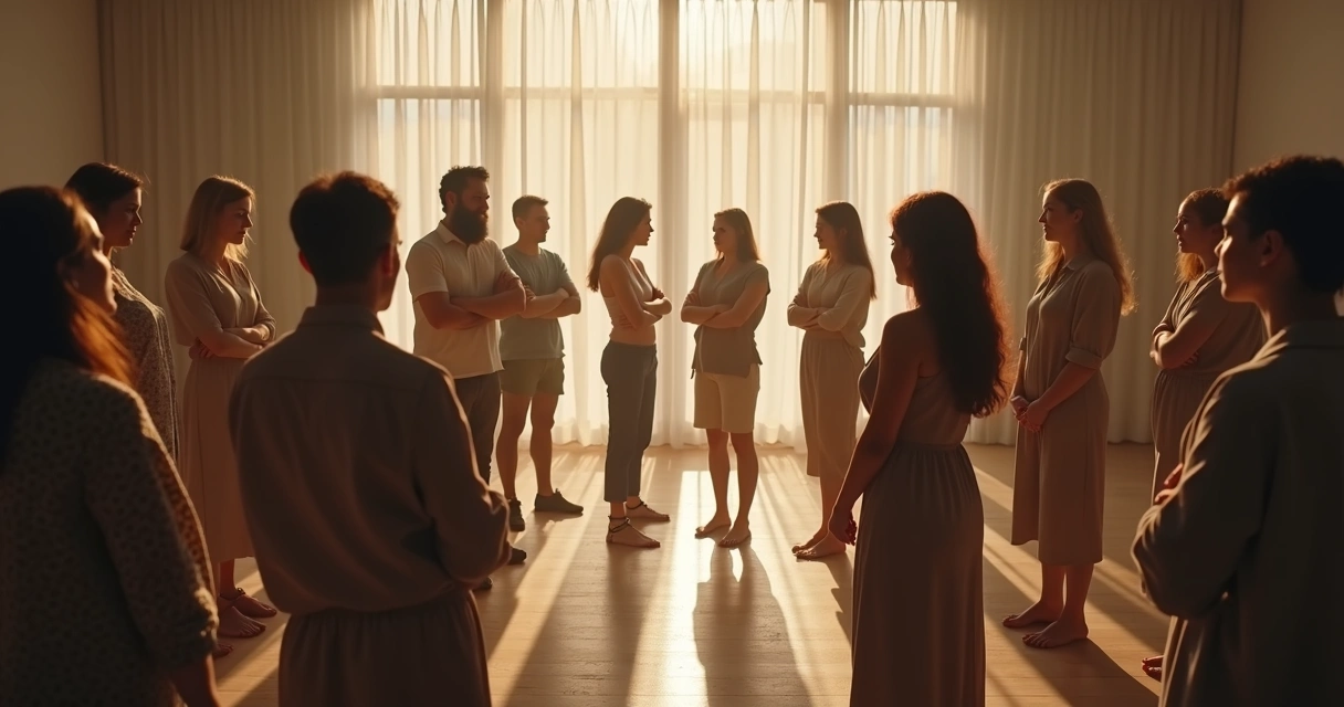 Facilitator guiding a systemic constellation session with participants standing as representatives in a circle 