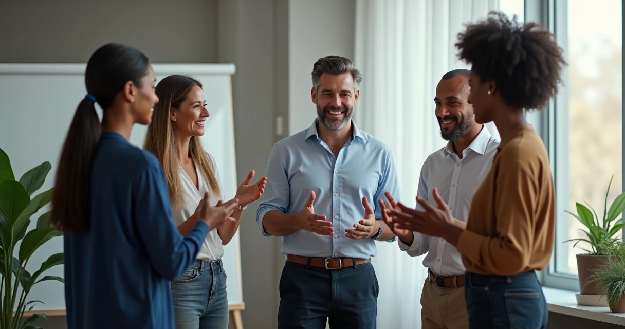 Colleagues forming a circle, discussing conflict resolution in workplace 