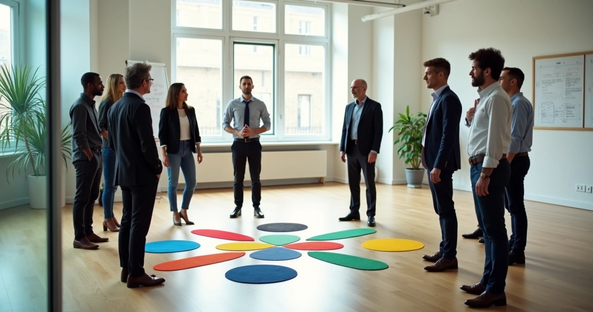 Team standing in a circle with colored markers on the floor representing systemic constellation 