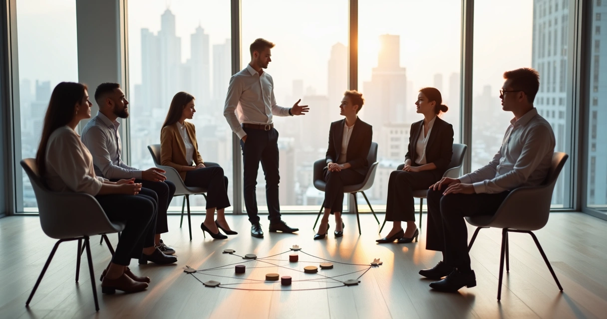 Diverse business team in a circle meeting with symbolic markers on the floor 