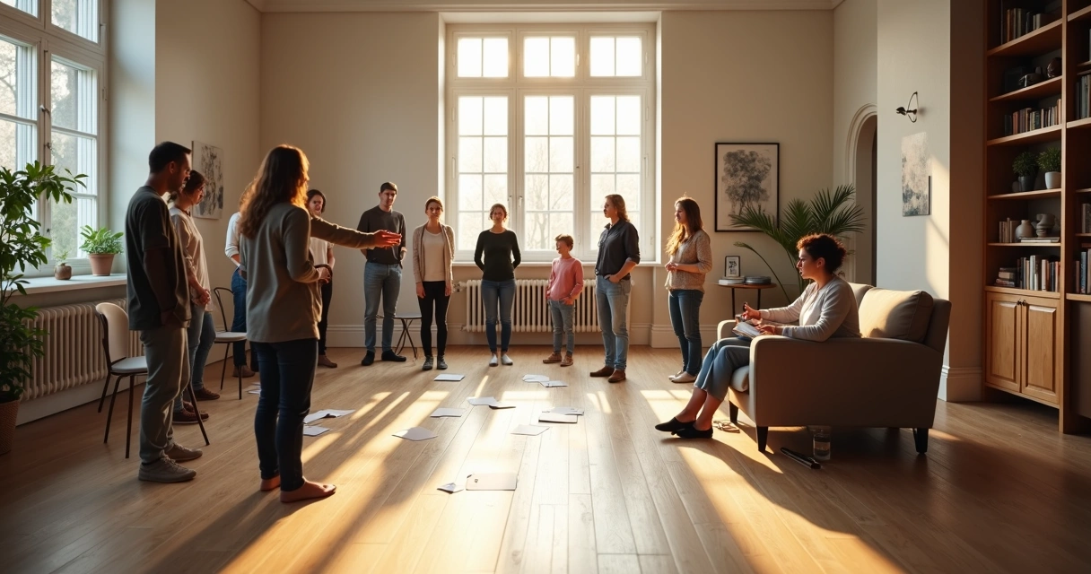 Therapist guiding a group in systemic constellation beside person in individual therapy session 