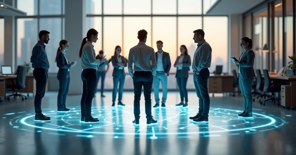 Team in office connected by glowing lines representing systemic workplace dynamics 