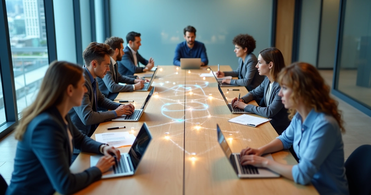 Top view of diverse coworkers around a table connected by glowing lines and symbols 