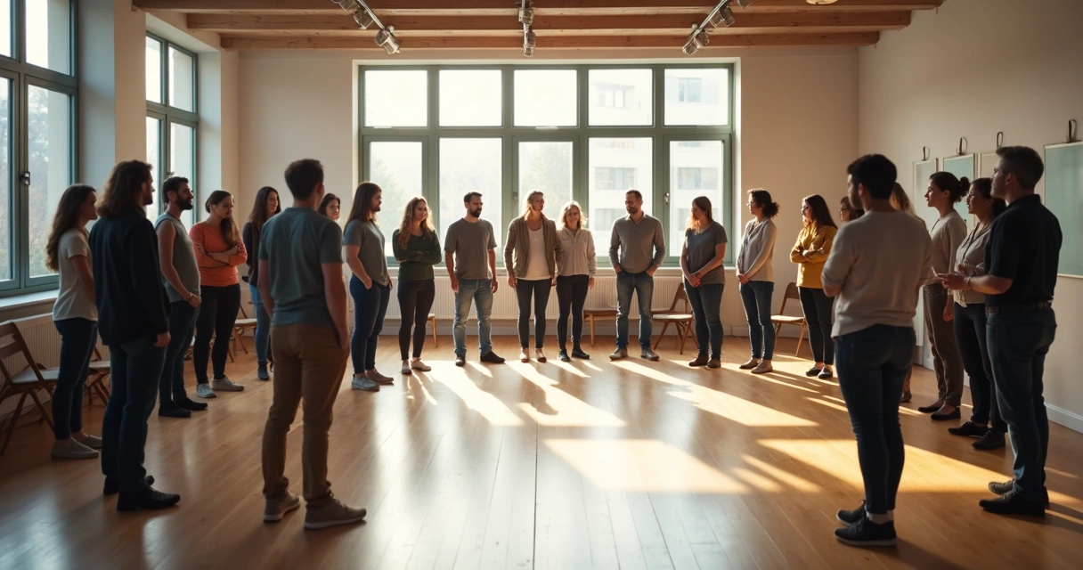 Group of people standing in a light-filled room forming a large circle 
