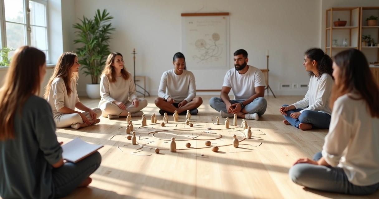 People in a circle using figurines to map relationships in conflict resolution 