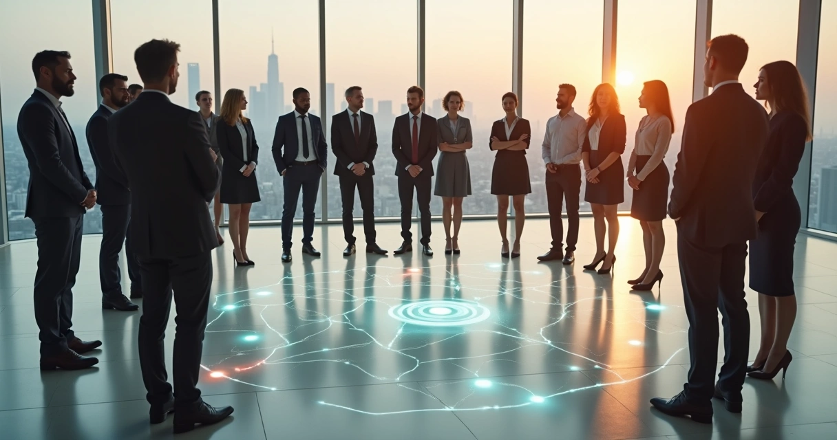 Business team in circle connected by glowing systemic network 