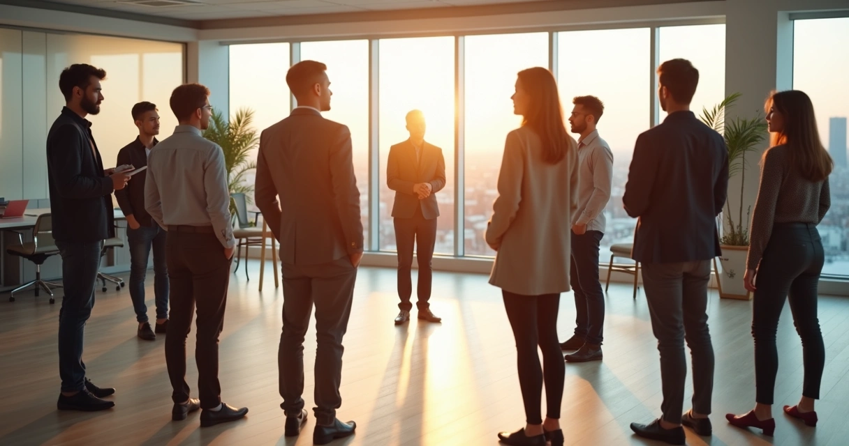 People standing in a circle in an office representing systemic constellation at work 