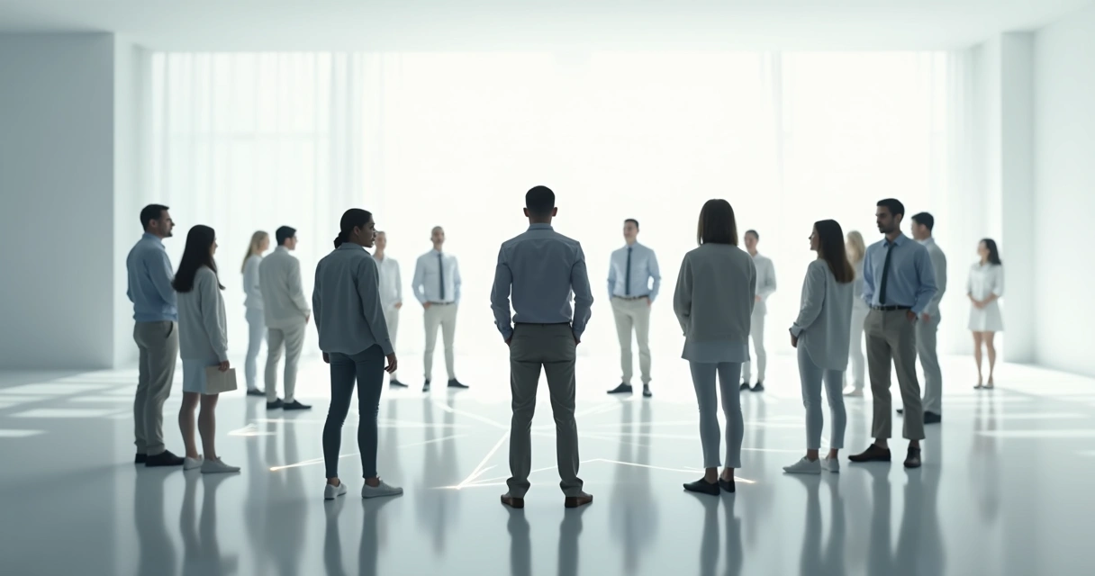 Human figures standing in a circle with light lines connecting them symbolizing systemic relationships 