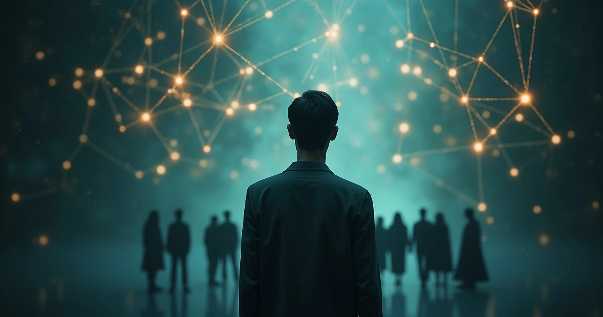 Person surrounded by invisible geometric connections symbolizing hidden systemic patterns 