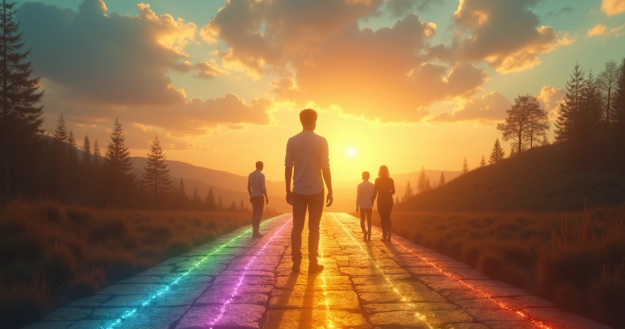 Person at crossroads with subtle family silhouettes influencing decision 