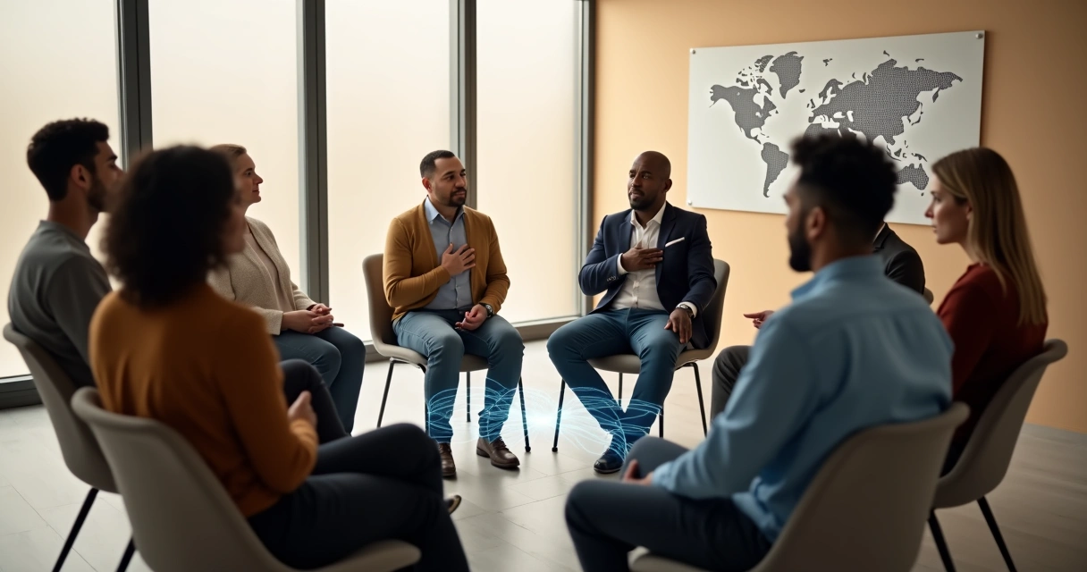 Diverse group in circle connected by glowing systemic network 
