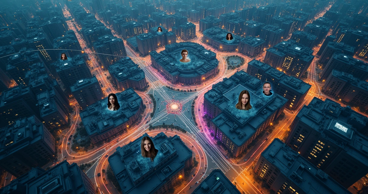 Overhead city view blending people and connection lines 