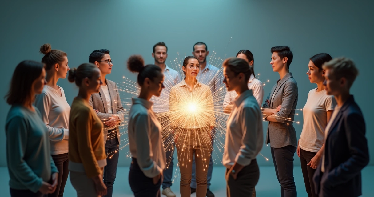 People connected in a glowing network symbolizing systemic empathy and relational intelligence 