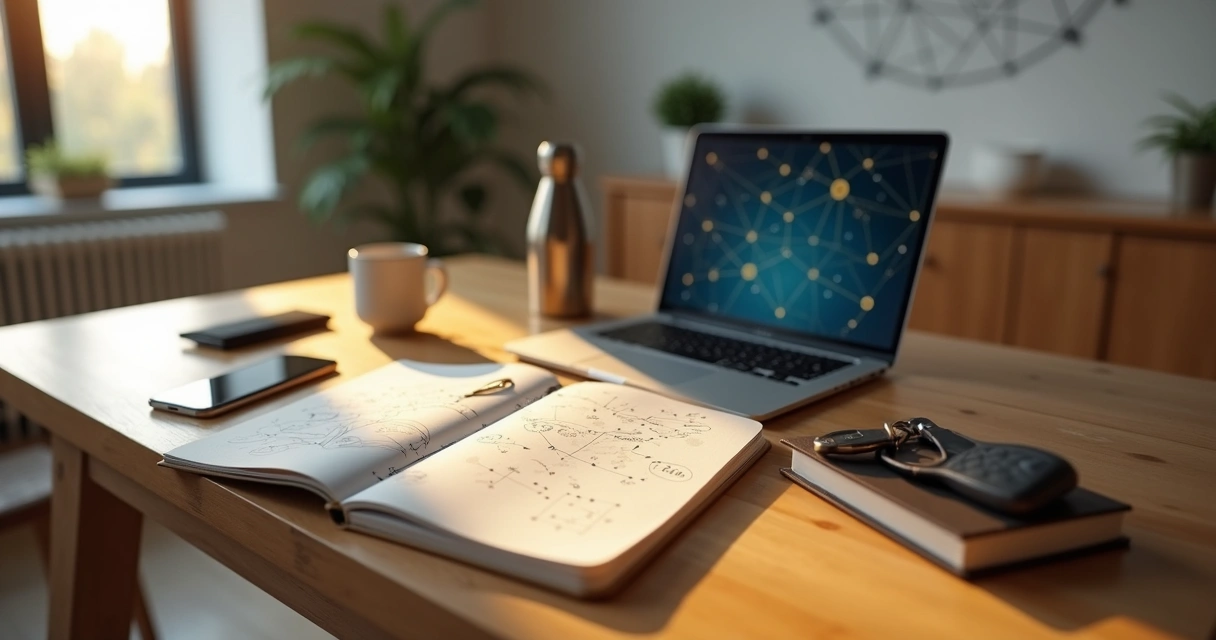 Person at home table mapping daily decisions with interconnected ethical symbols 