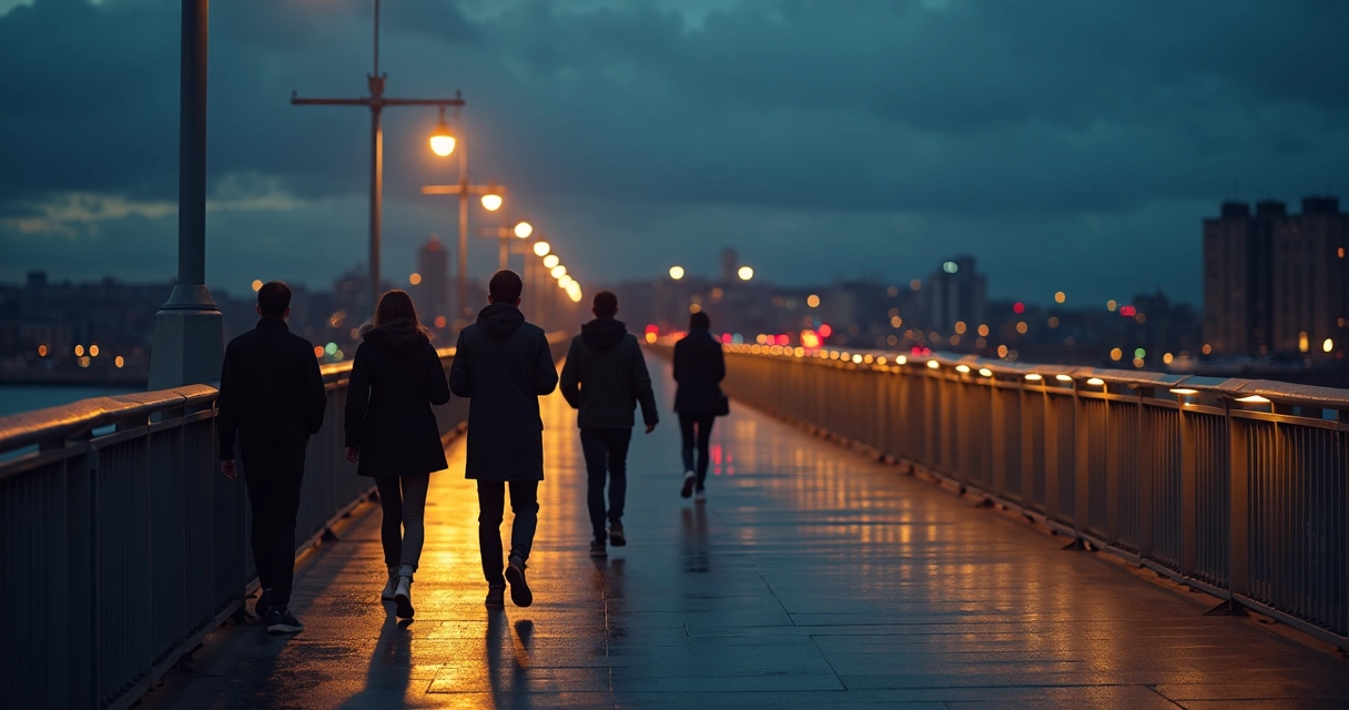 Night city bridge with one unlit figure standing apart from a lit group 