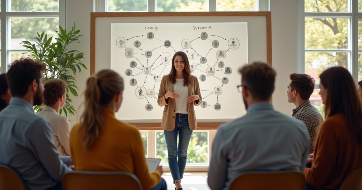 Facilitator guiding a group through a systemic constellation session in a bright room 