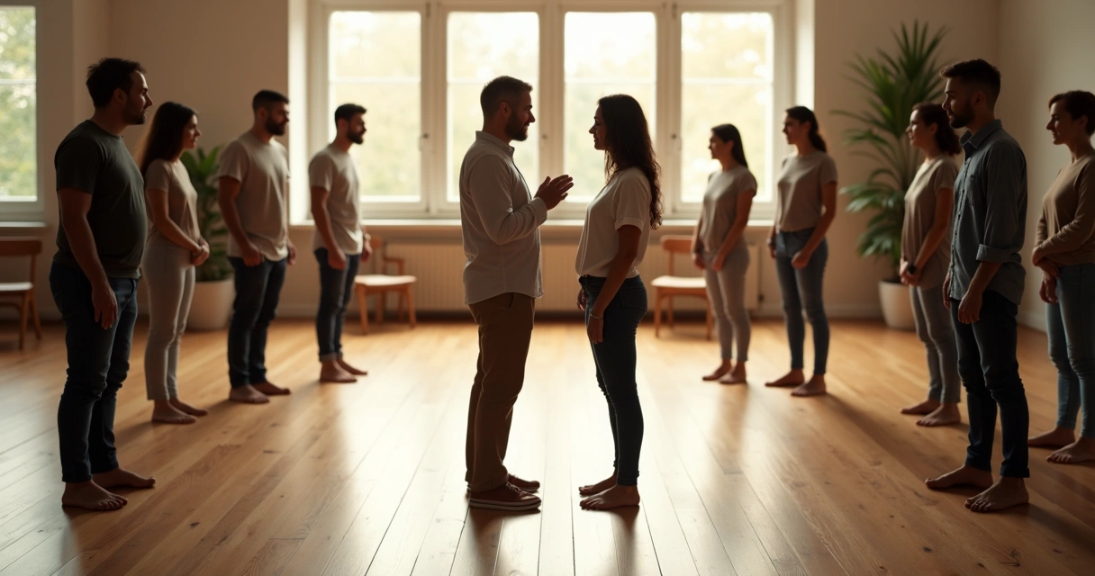 Facilitator and group in a circle representing systemic family constellation 