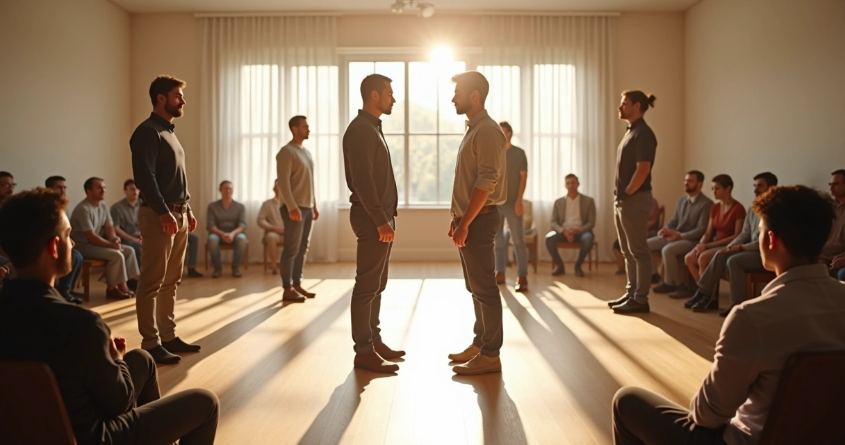 Group forming a family constellation with people standing in a circle in a bright room 