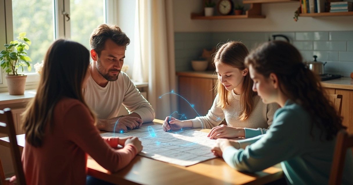 Family sitting together at a table with invisible lines connecting them 