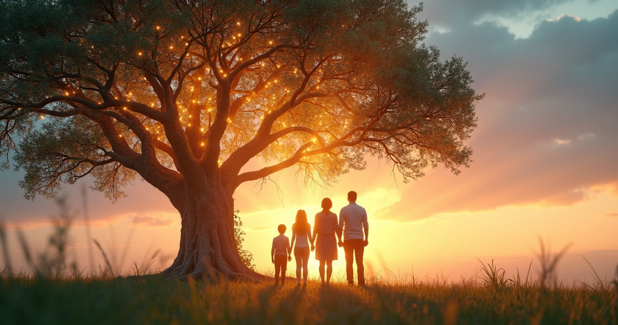 Family standing around a glowing tree symbolizing systemic influence 