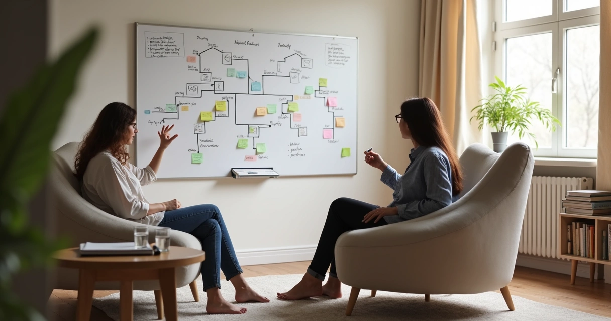Therapist and client looking at a systemic family tree diagram on a wall 