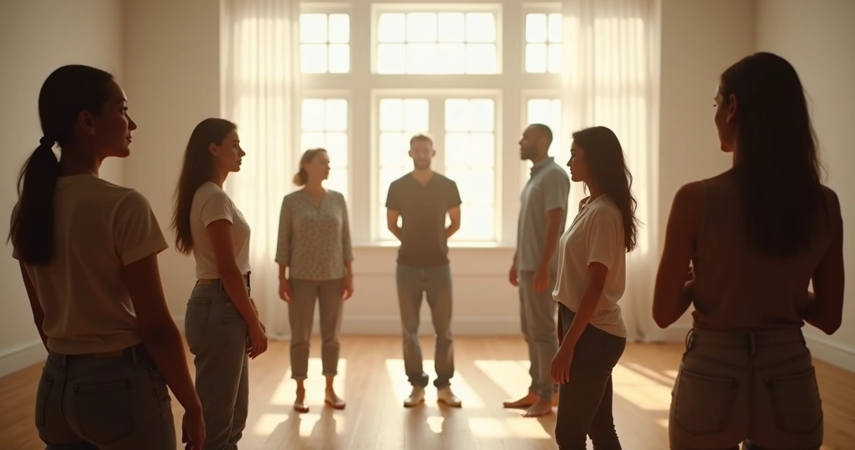Group constellation session, facilitator and participants standing in a circle