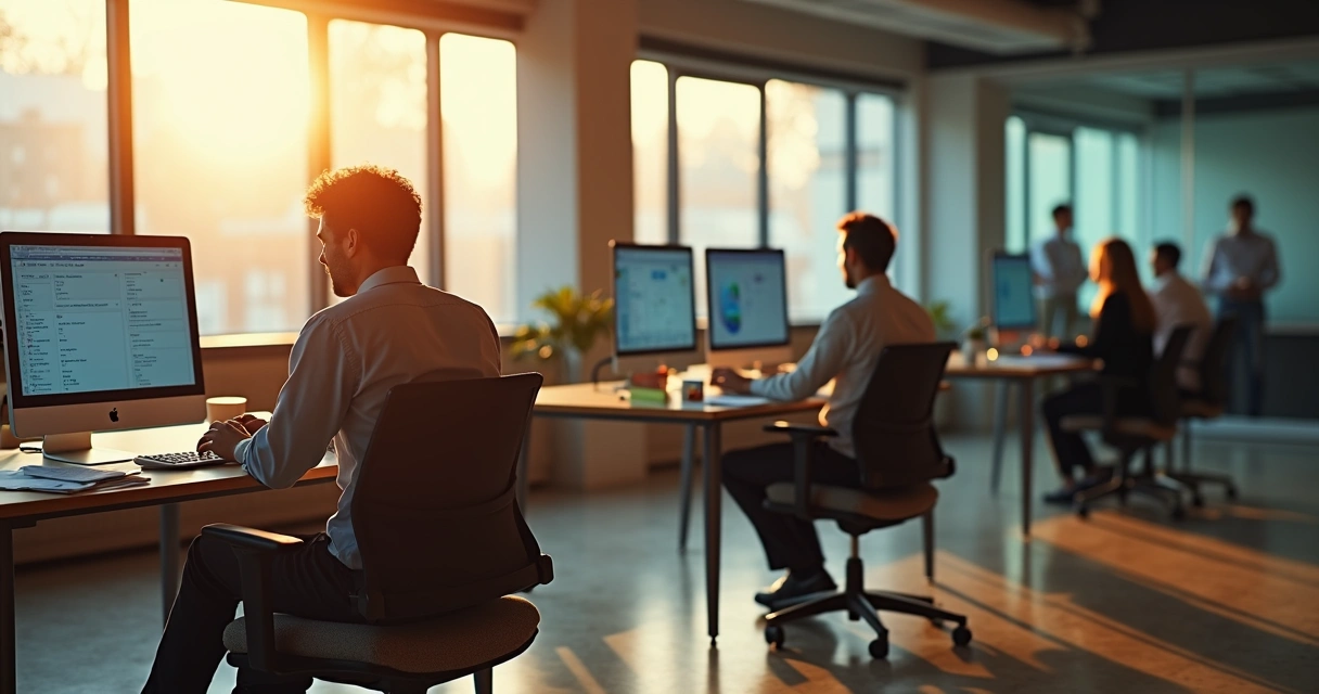 Office scene showing one worker faded among sharp engaged coworkers 