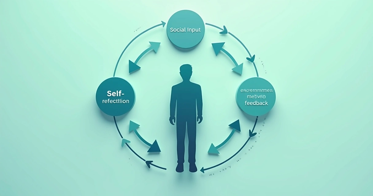 Diagram showing feedback cycle with arrows between self-reflection, social input, and environment feedback