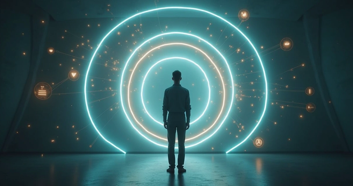 Person standing inside glowing circular loops representing systemic feedback in decision making 