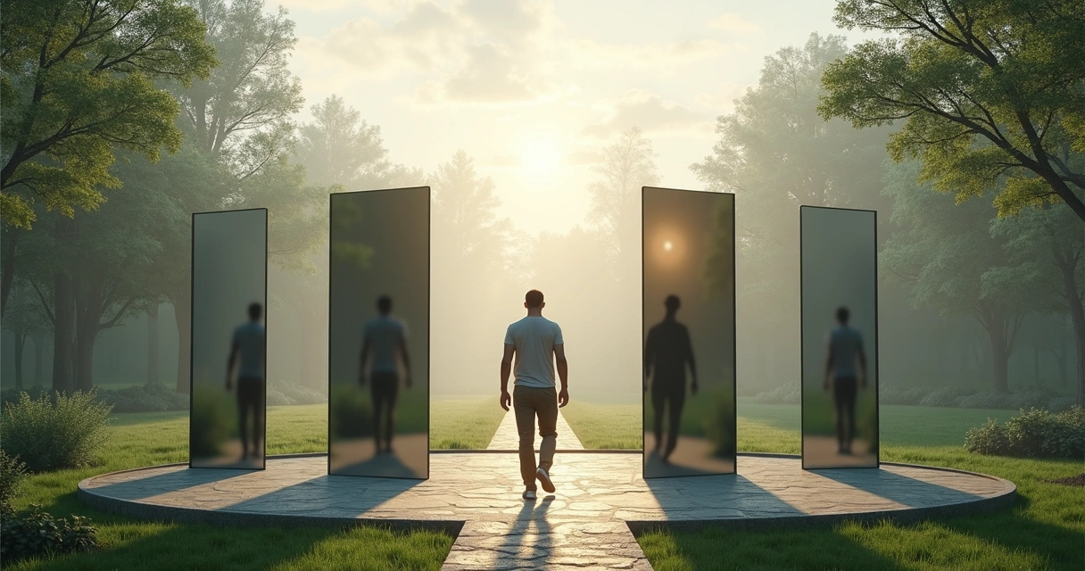 Person walking through a circle of mirrors in a garden at different life stages 
