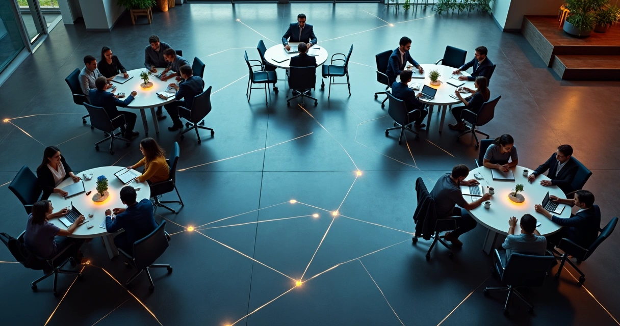 Overhead view of teams at round tables connected by glowing lines on a dark floor 