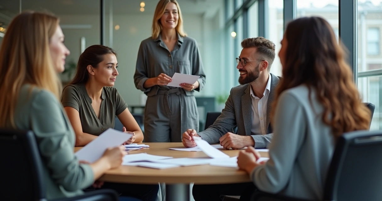 Facilitator with diverse team in circle sharing experiences 