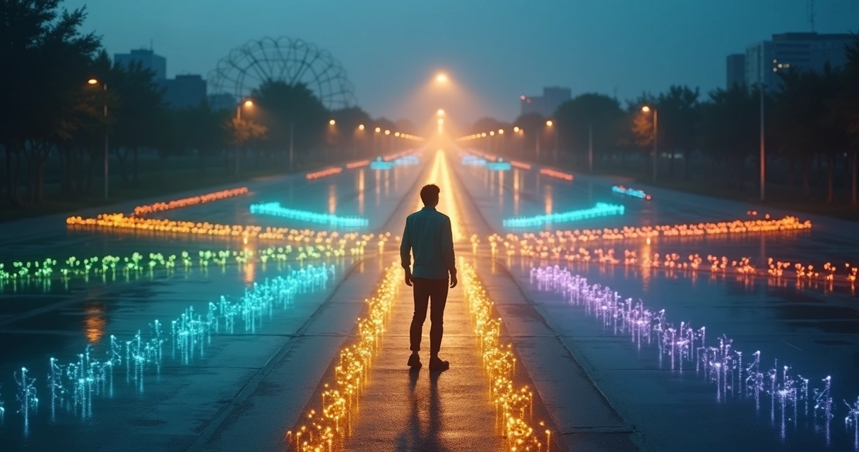 Person at crossroads surrounded by subtle network of systemic connections 