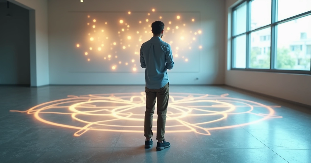 Person choosing between interconnected systemic pathways for change 