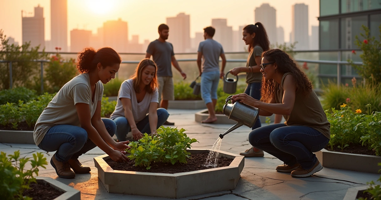 Diverse people tending a shared rooftop garden with paths forming a subtle network pattern 