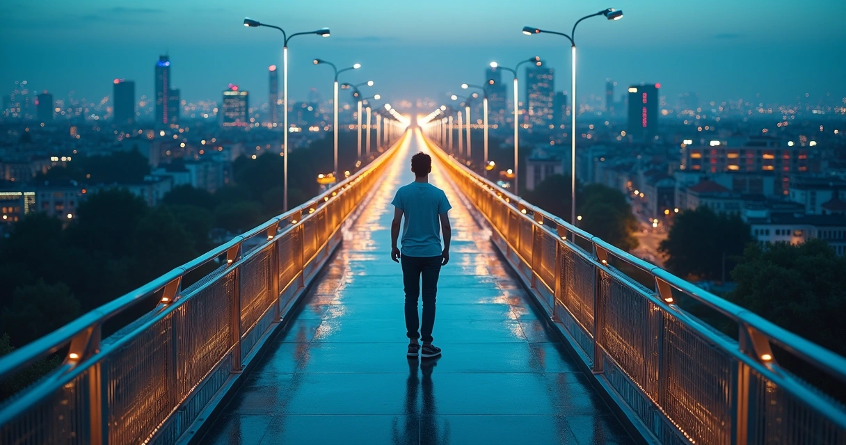 City rooftop view of glowing interconnected paths symbolizing systemic goals 