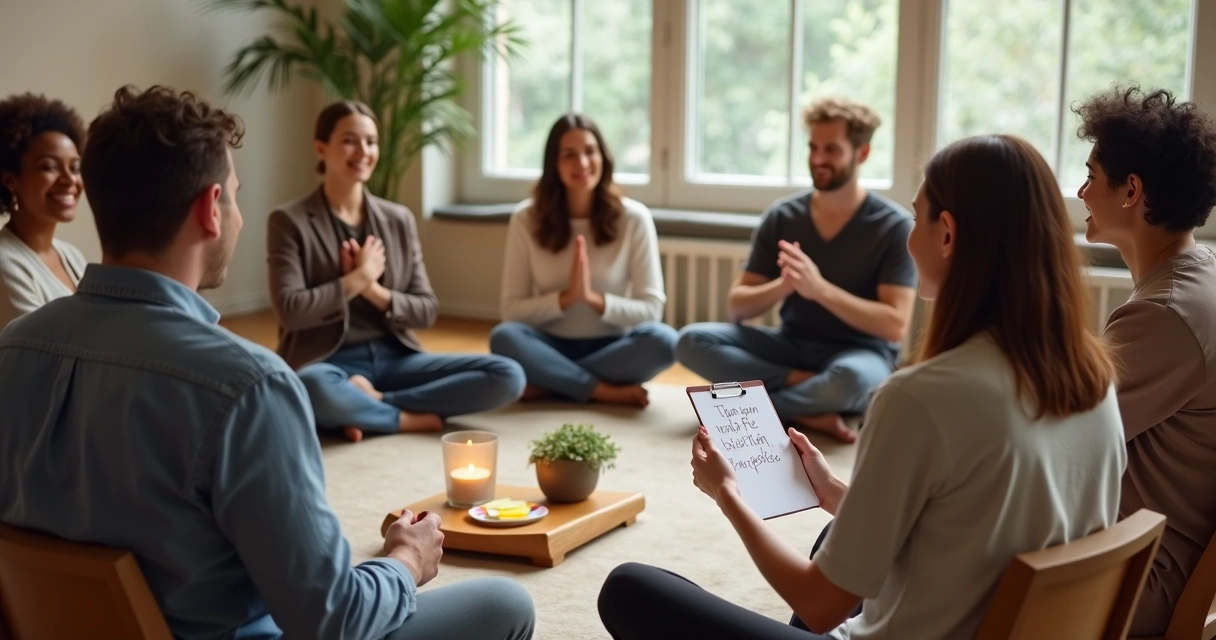 Diverse team in a circle sharing gratitude in a warm meeting room 