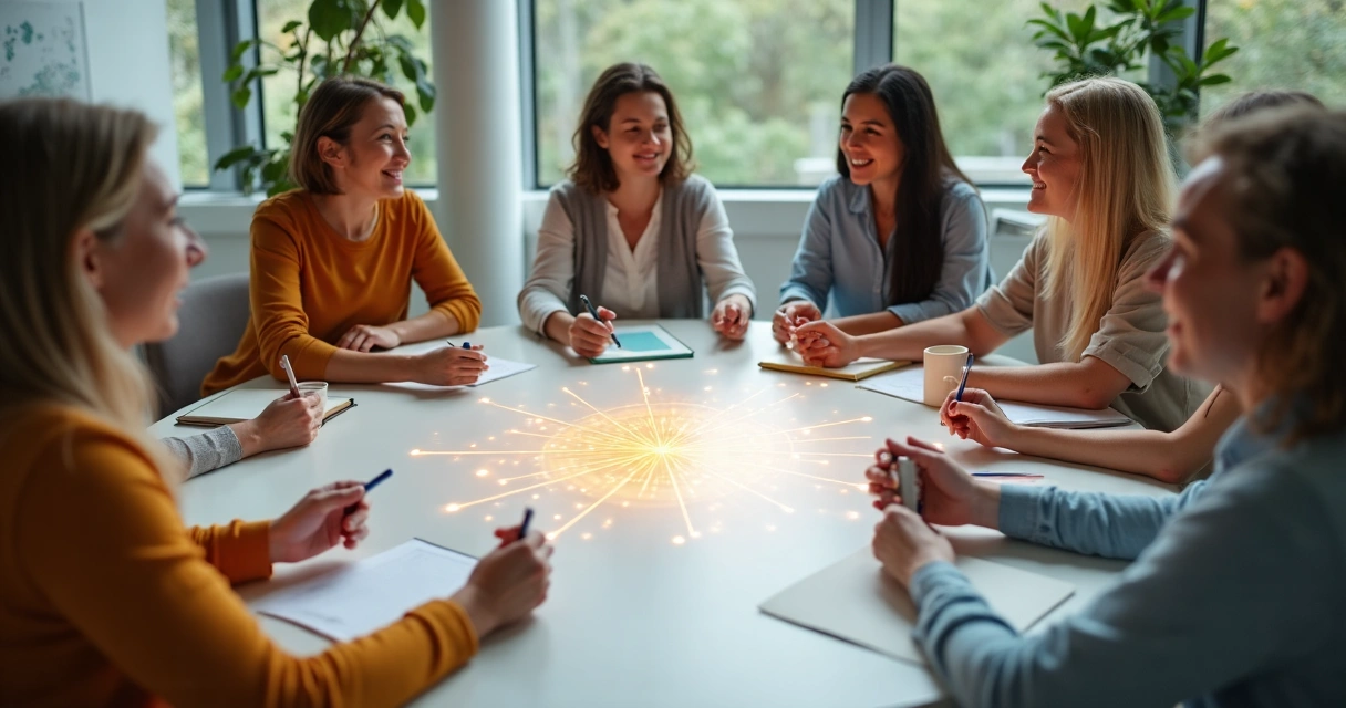Peer support team in circle joining hands over glowing network pattern on table 